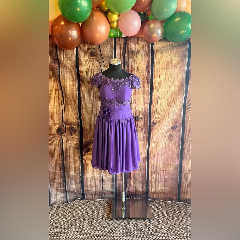 Purple beaded lace midi homecoming prom dress size Small